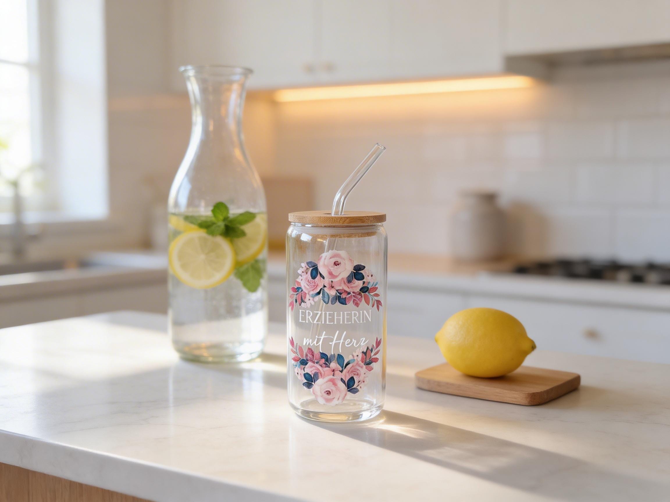 Trinkglas Erzieherin mit Herz, personalisierbar
