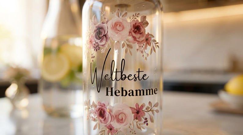 Midwife farewell gift, exclusive drinking glass with bamboo lid and glass straw - Midwife with heart and world's best midwife image 5