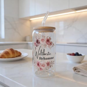 Midwife farewell gift, exclusive drinking glass with bamboo lid and glass straw - Midwife with heart and world's best midwife image 2