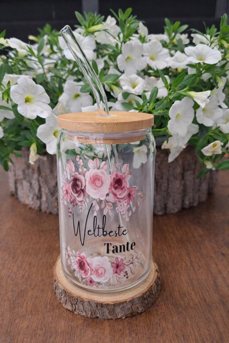 Geschenk für Tante oder Patentante, Trinkglas mit Bambusdeckel und Glasstrohhalm, Weltbeste Tante Geschenkidee zdjęcie 4