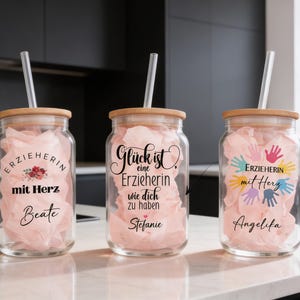 Personalized drinking glass for kindergarten teacher, glass with bamboo lid and glass straw - "Teacher with Heart" Kindergarten Farewell image 5