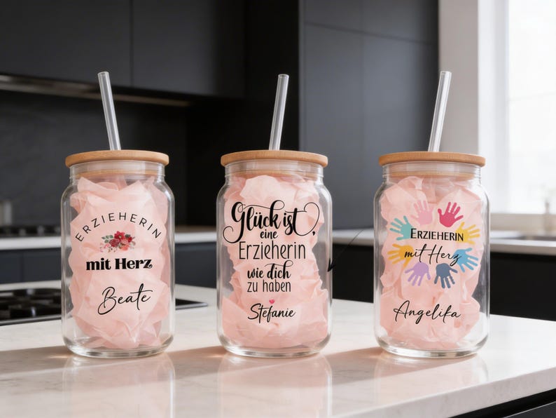 Personalized drinking glass for kindergarten teacher, glass with bamboo lid and glass straw - "Teacher with Heart" Kindergarten Farewell image 5