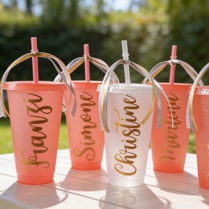 Puede incluir: Cinco vasos de pl&aacute;stico con tapas y pajitas, cuatro en coral y uno en blanco transl&uacute;cido. Cada vaso tiene un nombre en cursiva dorada: Franzi, Simone, Christine, Martina y Katharina. Cada pajita est&aacute; adornada con un lazo decorativo.