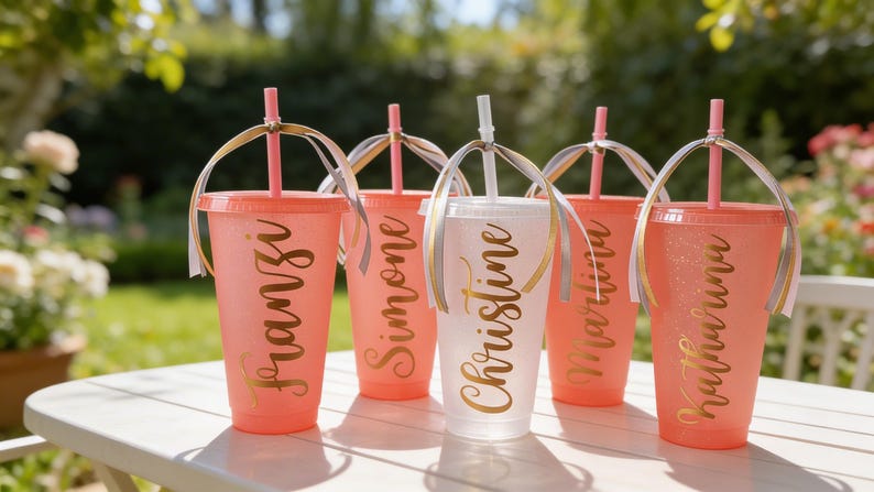 Puede incluir: Cinco vasos de pl&aacute;stico con tapas y pajitas, cuatro en coral y uno en blanco transl&uacute;cido. Cada vaso tiene un nombre en cursiva dorada: Franzi, Simone, Christine, Martina y Katharina. Cada pajita est&aacute; adornada con un lazo decorativo.