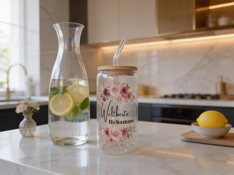 May include: A clear glass tumbler with a bamboo lid and a glass straw, featuring a floral design in shades of pink and the black text "Weltbeste Hebamme" printed on the front. The glass is positioned next to a clear glass water carafe.