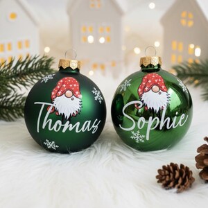 Personalized Christmas baubles – glass Christmas tree bauble with gnome – green, Ø 8 cm with gift box, Christmas tree bauble with name image 2