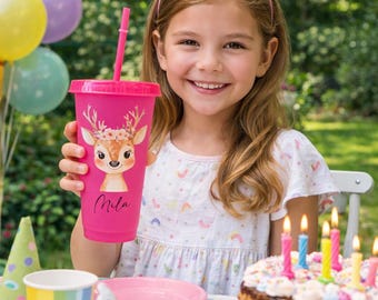 Gobelet personnalisé motif cerf pour enfants | Couvercle avec prénom et paille, sans BPA | Cadeau idéal pour les anniversaires d'enfants | Cadeau motif cerf pour filles