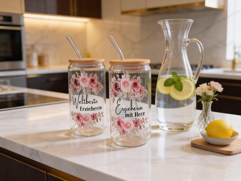 Pode incluir: Dois copos de vidro transparente com tampas de bambu e palhinhas de vidro, decorados com motivos florais cor-de-rosa. Um copo apresenta o texto "Weltbeste Erzieherin" e o outro "Erzieherin mit Herz" em letra preta. Um jarro de vidro e um lim&atilde;o est&atilde;o por perto.