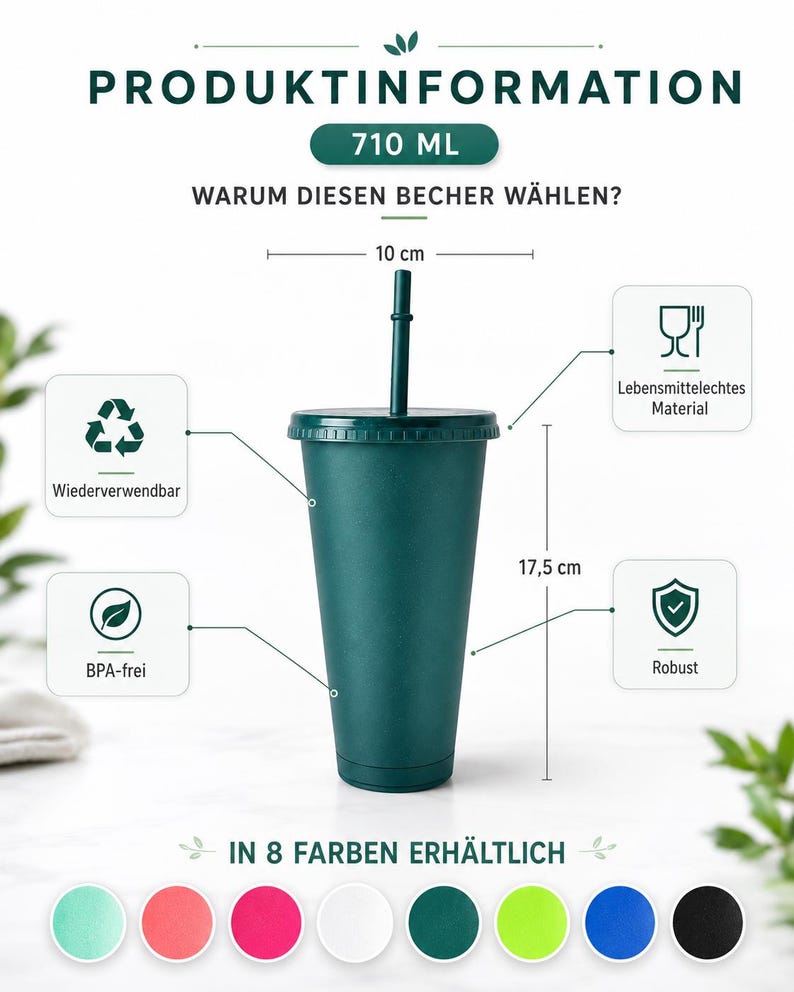 Puede incluir: Un vaso verde oscuro con tapa y pajita, con una capacidad de 710 ml. El vaso mide 10 cm de di&aacute;metro y 17,5 cm de altura. Las infograf&iacute;as indican que es reutilizable, libre de BPA, apto para alimentos y robusto, disponible en ocho colores.