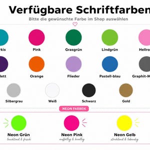 Puede incluir: Una tabla de colores titulada Verf&uuml;gbare Schriftfarben que muestra varias muestras de colores circulares, incluyendo turquesa, rosa, verde oscuro, verde lima, rosa claro, violeta, naranja, lila, azul, gris, plata, blanco, negro, oro y tres colores ne&oacute;n.