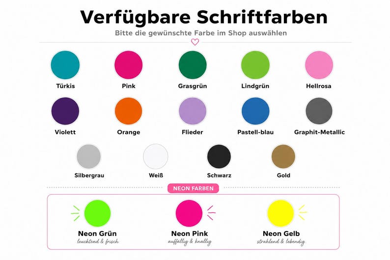 Puede incluir: Una tabla de colores titulada Verf&uuml;gbare Schriftfarben que muestra varias muestras de colores circulares, incluyendo turquesa, rosa, verde oscuro, verde lima, rosa claro, violeta, naranja, lila, azul, gris, plata, blanco, negro, oro y tres colores ne&oacute;n.