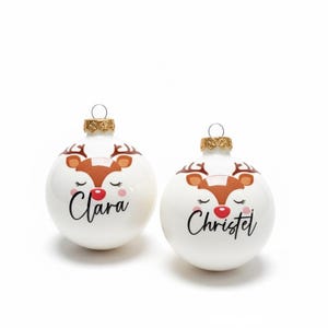 Weihnachtskugeln personalisiert für Kinder – Christbaumanhänger aus Glas mit Rentier und Name - Ø 8 cm mit Geschenkkarton bild 4
