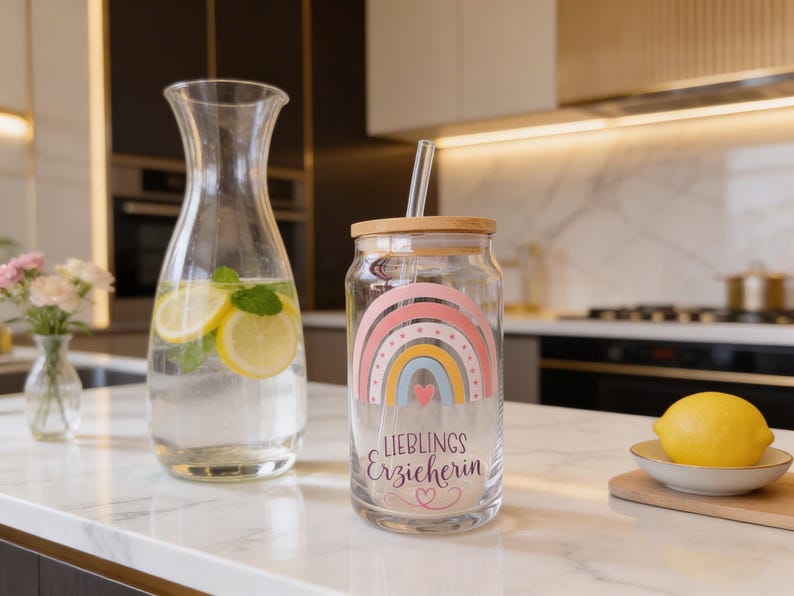 May include: A clear glass tumbler with a bamboo lid and a glass straw, featuring a colorful rainbow graphic and the text "LIEBLINGS Erzieherin" with a small heart icon. The design includes pastel pink, yellow, and blue arches.