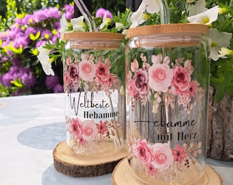 Midwife farewell gift, exclusive drinking glass with bamboo lid and glass straw - Midwife with heart and world's best midwife