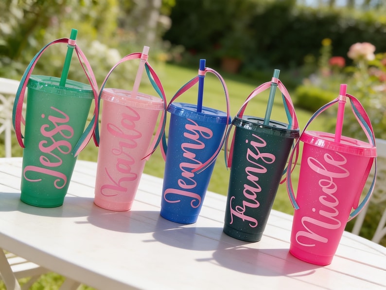 Puede incluir: Cinco vasos de pl&aacute;stico con purpurina, tapas y pajitas, cada uno con un nombre personalizado en letra cursiva. Los vasos son verde, rosa claro, azul, azul verdoso oscuro y rosa intenso, decorados con una cinta de colores en la pajita.