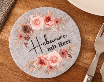 Midwife farewell gift, grey felt coaster with the saying “Midwife with heart” or “World’s best midwife”, Ø 10 cm