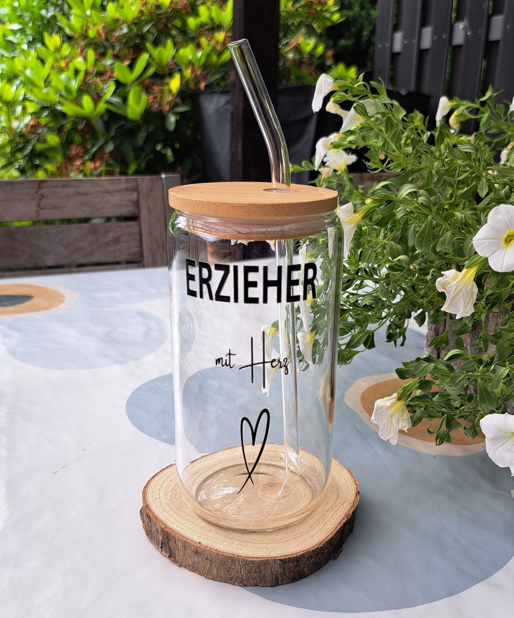 Educator gift, farewell gift for educator, birthday gift for educator, kindergarten gift, glass with bamboo lid and straw