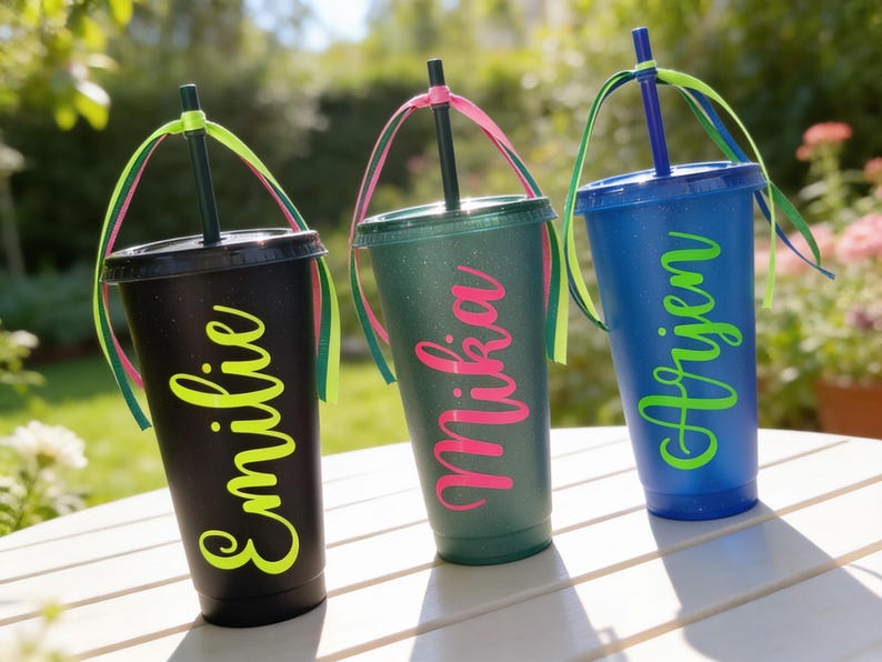 Puede incluir: Tres vasos de pl&aacute;stico reutilizables con tapa y pajita, cada uno con un nombre personalizado en letra cursiva. El vaso negro tiene el nombre en verde lima, el verde en rosa intenso y el azul en verde lima. Cada pajita est&aacute; decorada con cintas de colores.