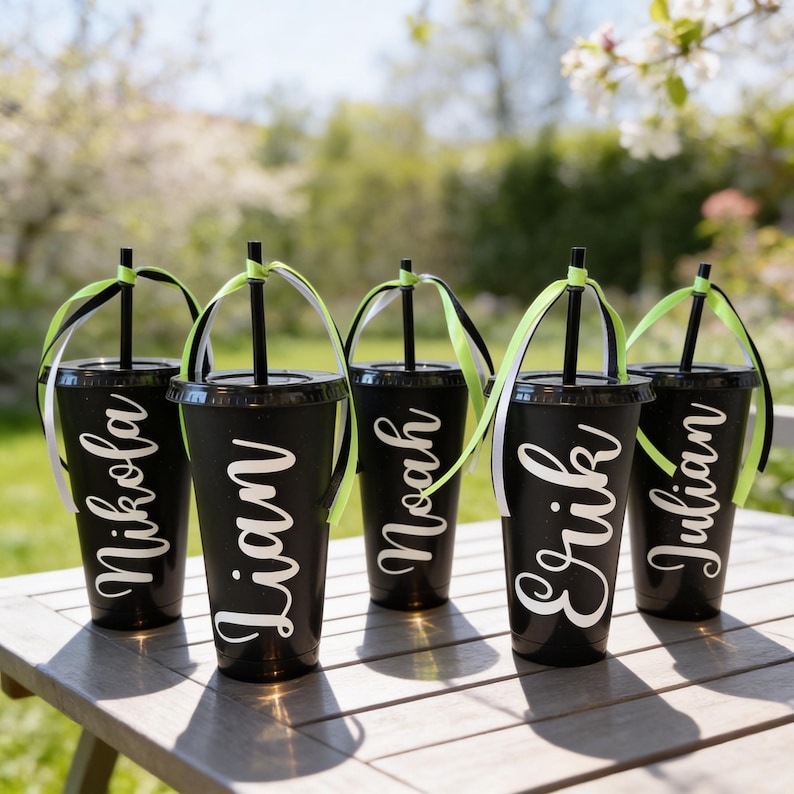 Puede incluir: Cinco vasos de pl&aacute;stico negro mate con tapas y pajitas negras, cada uno personalizado con un nombre en letra blanca: Nikola, Lian, Noah, Erik y Julian. Cada pajita est&aacute; decorada con una cinta de color verde lima y blanco atada arriba.