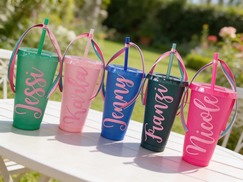 Puede incluir: Cinco vasos de pl&aacute;stico con purpurina, tapas y pajitas, cada uno con un nombre personalizado en letra cursiva. Los vasos son verde, rosa claro, azul, azul verdoso oscuro y rosa intenso, decorados con una cinta de colores en la pajita.