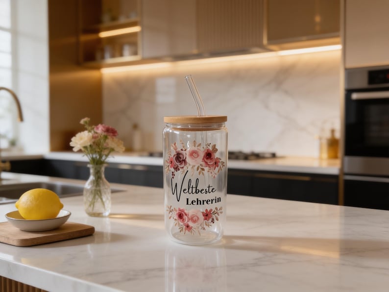 K&ouml;nnte beinhalten: Ein klares Glastrinkglas mit Bambusdeckel und Glasstrohhalm, verziert mit einem Blumenmuster aus rosa und burgunderroten Rosen sowie dem schwarzen Schriftzug "Weltbeste Lehrerin" auf der Vorderseite. Das Glas hat eine zylindrische Form.