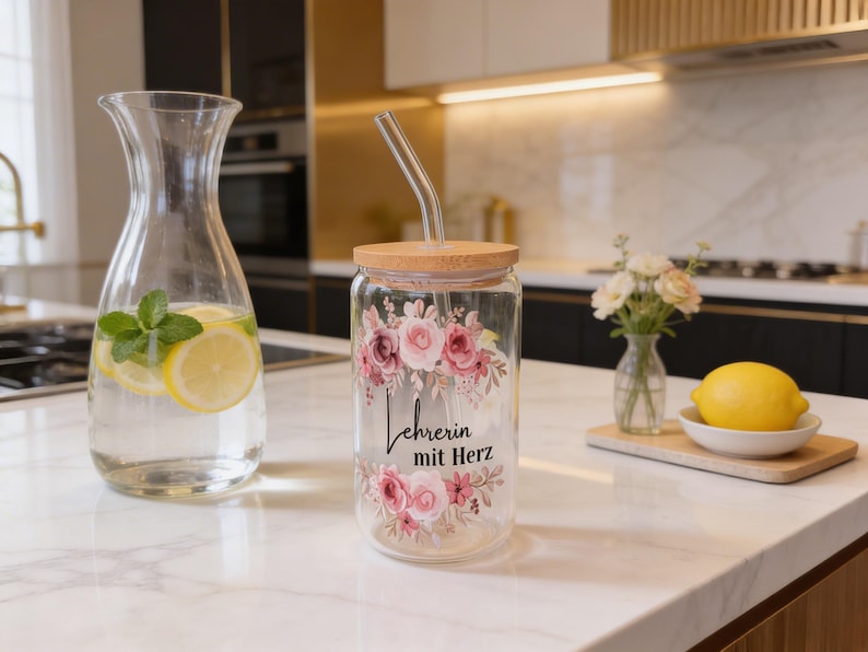 K&ouml;nnte beinhalten: Ein klares Trinkglas mit einem Bambusdeckel und einem gebogenen Glasstrohhalm. Das Glas ist mit einem Blumenmuster in Rosa- und Gr&uuml;nt&ouml;nen verziert, wobei der schwarze Schriftzug "Lehrerin mit Herz" mittig zwischen den Blumen angebracht ist.