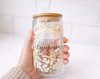 Cadeau pour une maîtresse de maternelle, verre avec couvercle en bambou et paille en verre - « Maîtresse préférée », idée cadeau pour la remise des diplômes de maternelle