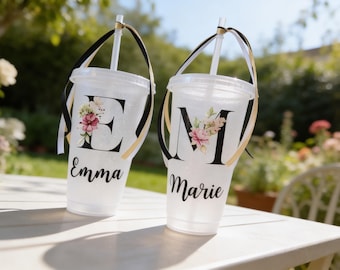 Gobelets personnalisés pour enterrement de vie de jeune fille | Gobelet avec couvercle et paille, sans BPA | Cadeau d'invité | 710 ml