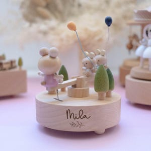 Personalised Seesaw Bunnies Musical Carousel Wooden - Personalised Musical Carousel Wooden - Heirloom Music Box - Engraved Keepsake