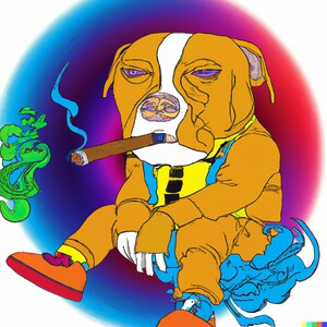 Op de afbeelding: Een cartoonillustratie van een bruine en witte hond die een geel en blauw jack draagt, zittend met een brandende sigaar in zijn bek en rookringen blazend. De hond zit op een blauwe en paarse achtergrond.
