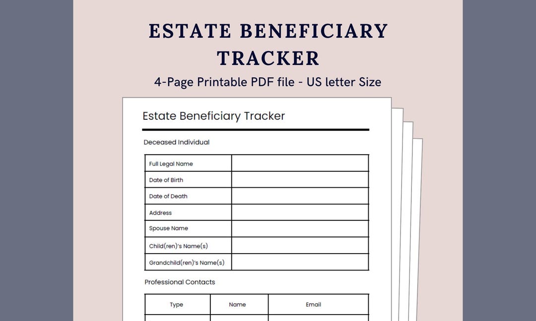 Printable Estate Beneficiary Tracker for Executors | 4-page PDF