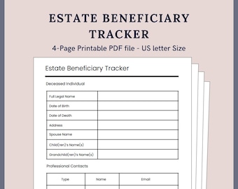 Printable Estate Beneficiary Tracker for Executors | 4-Page PDF Organizer