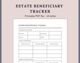 Printable Estate Beneficiary Tracker for Executors | 1-Page PDF Organizer
