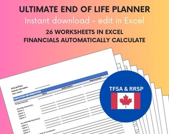 Canadian Ultimate End of Life Planner, Emergency Binder, for Estate and Will Planner, Death Planner, Record in Excel and Print