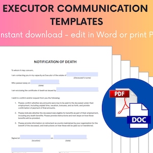 May include: A document titled "Notification of Death" with a blue and red PDF and DOC icon. The document is a template for notifying people of a death and includes information about the deceased's employment and benefits.
