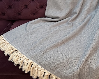 New High-Quality Bedspread/Duvet Cover with Knotted Ends, 100% Cotton, Patterned Throw, 230 cm x 200 cm, Grey