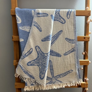 Op de afbeelding: Een blauwe en witte strandhanddoek met een stervormig patroon. De handdoek heeft een franje rand en is dubbelgevouwen.