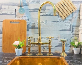 Handmade Solid Brass Three Columns Bridge Faucet With Three Handles - Kitchen Faucet