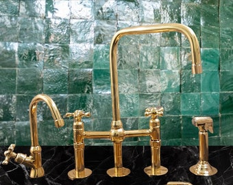 Solid Brass Three Columns Kitchen Bridge Faucet With Rectangular Spout - Handmade