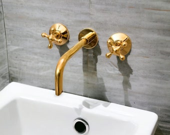 Unlacquered Brass Wall Mounted Bathroom Faucet With Curved Spout - Wall Mounted Bathtub Faucet