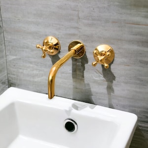 Unlacquered Brass Wall Mounted Bathroom Faucet With Curved Spout Wall Mounted Bathtub Faucet image 1