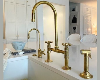 Unlacquered Brass Rustic Bridge Faucet With Gooseneck Spout - Kitchen Sink Faucet