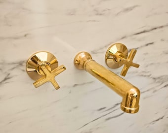 Raw Brass Wall Mount Tub Filler With Big Spout - Handmade Bathtub Faucet