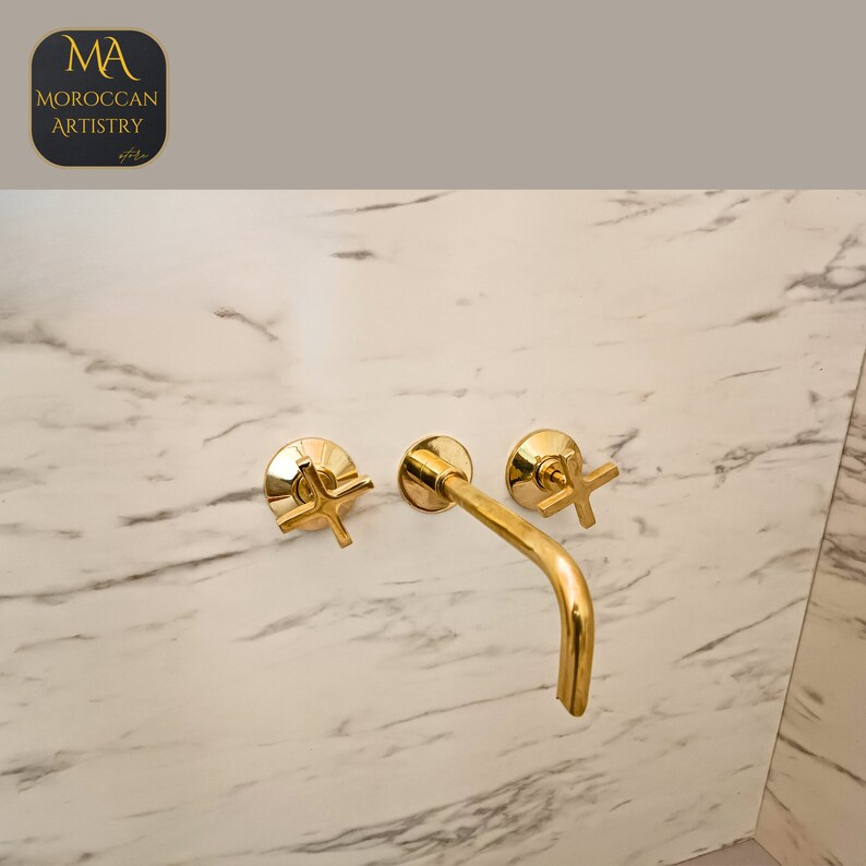 Unlacquered Brass Wall Mounted Bathroom Faucet With Curved Spout Wall Mounted Bathtub Faucet image 5