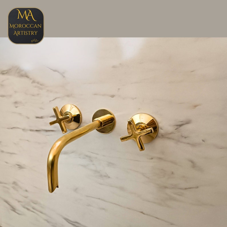 Unlacquered Brass Wall Mounted Bathroom Faucet With Curved Spout Wall Mounted Bathtub Faucet image 2