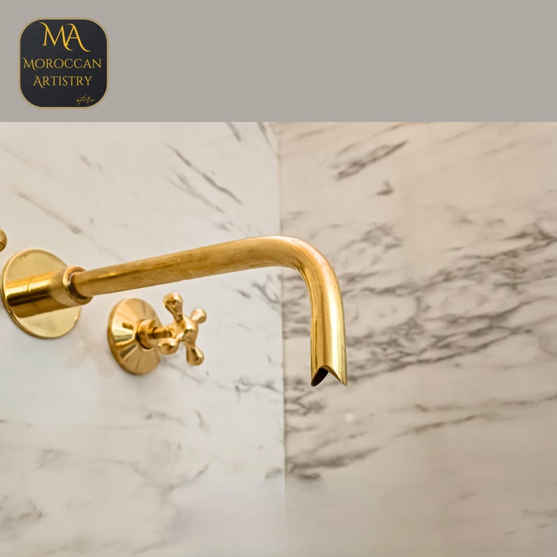 Unlacquered Brass Wall Mounted Bathroom Faucet With Curved Spout Wall Mounted Bathtub Faucet image 7