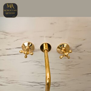Unlacquered Brass Wall Mounted Bathroom Faucet With Curved Spout Wall Mounted Bathtub Faucet image 4