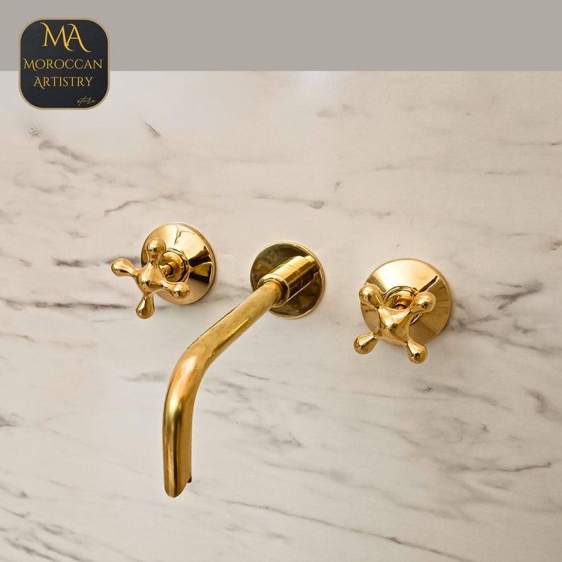 Unlacquered Brass Wall Mounted Bathroom Faucet With Curved Spout Wall Mounted Bathtub Faucet image 3