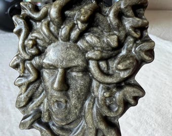 Gold and silver sheen, obsidian, Medusa