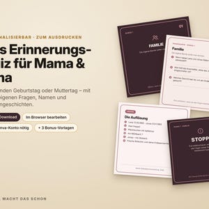 Puede incluir: Un juego de preguntas de memoria imprimible para madres y abuelas con tarjetas de color marrón oscuro y crema con texto en alemán. El set incluye tarjetas de preguntas, hojas de respuestas y una tarjeta de parada, personalizables con historia familiar.
